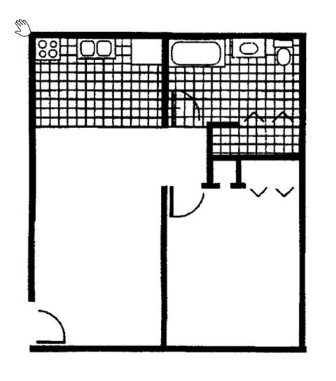 A black and white drawing of a floor plan with a kitchen area.